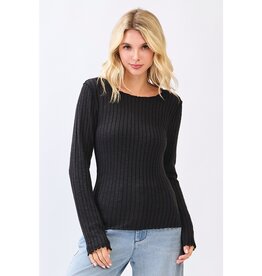 Lettuce Hem Long Sleeve Ribbed Knit Sweater Top - 4 Color Options