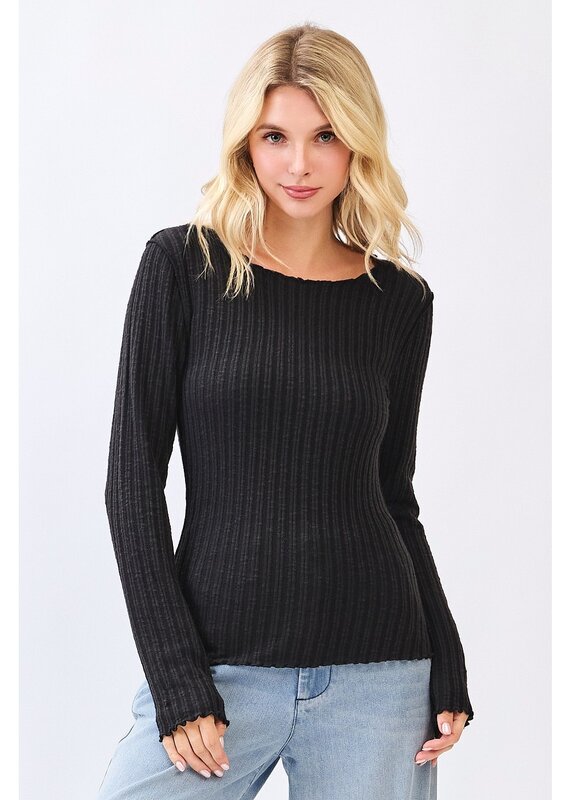 Lettuce Hem Long Sleeve Ribbed Knit Sweater Top - 4 Color Options