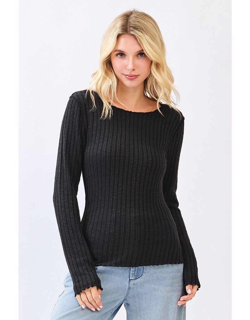 Lettuce Hem Long Sleeve Ribbed Knit Sweater Top - 4 Color Options