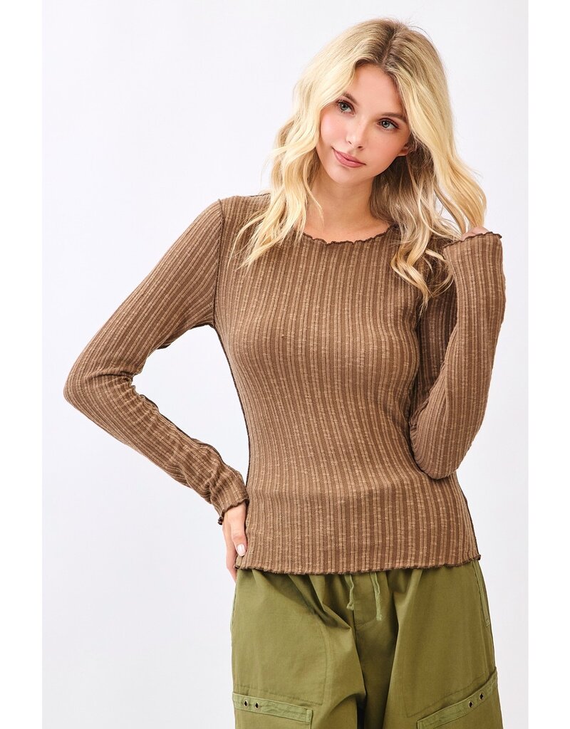 Lettuce Hem Long Sleeve Ribbed Knit Sweater Top - 4 Color Options