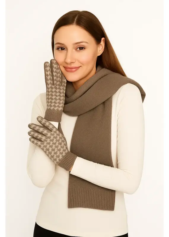 Houndstooth Knit Touch Gloves - Beige