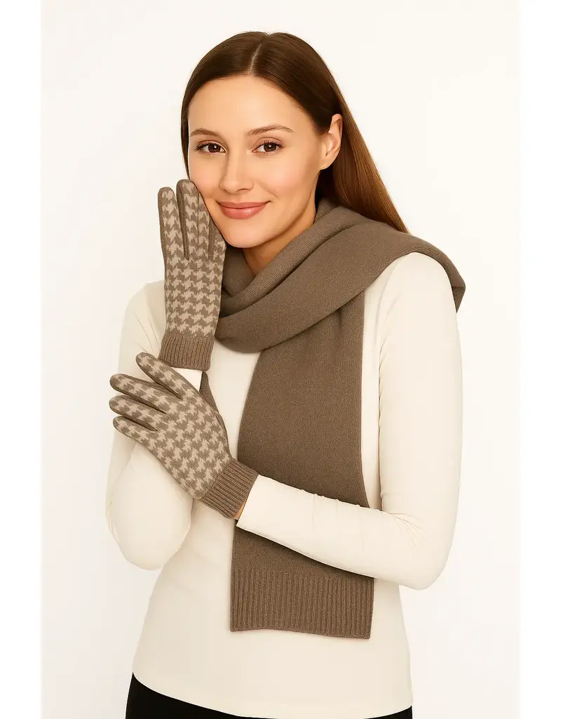 Houndstooth Knit Touch Gloves - Beige