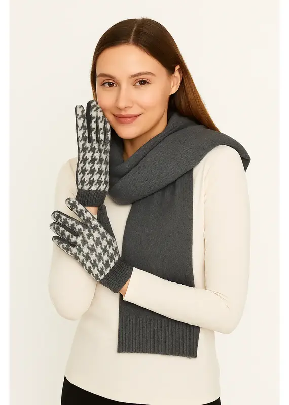 Houndstooth Knit Touch Gloves - Gray
