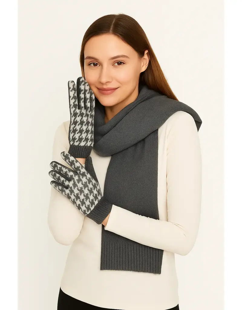Houndstooth Knit Touch Gloves - Gray