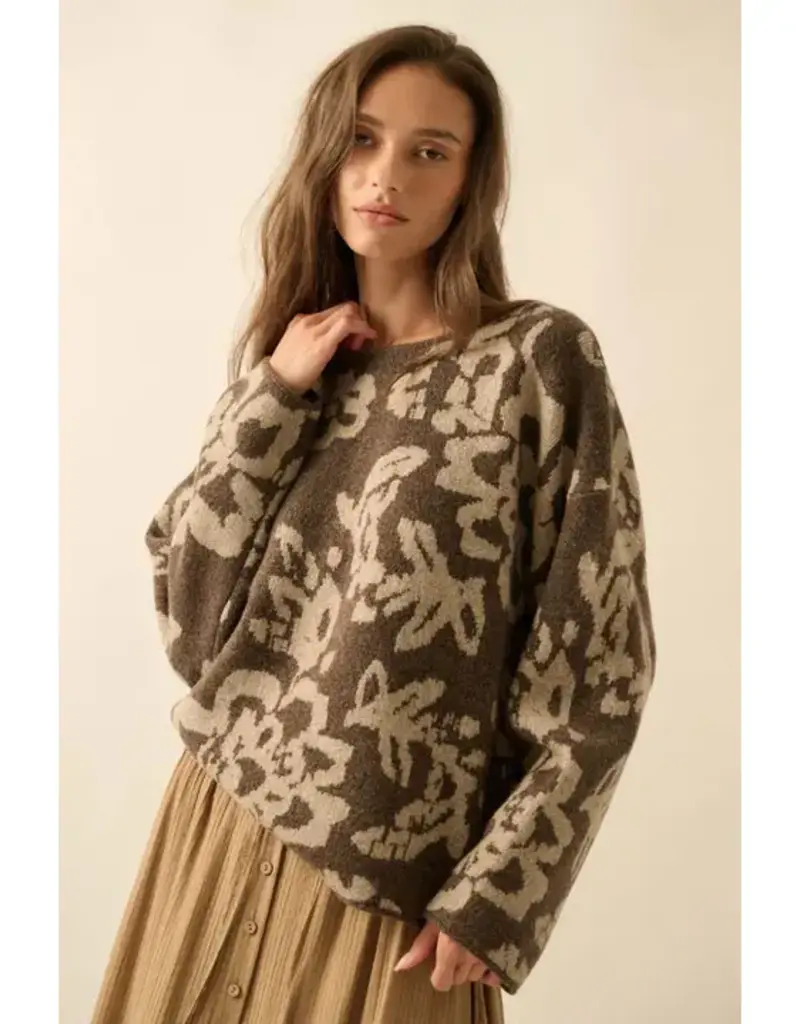 Floral Jacquard-Knit Rolled-Edge Sweater