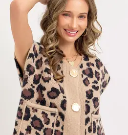 Leopard Print Knit Button-Up Sweater Vest