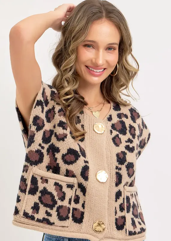 Leopard Print Knit Button-Up Sweater Vest