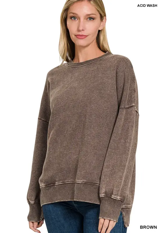 Acid Wash Fleece Hi-Low Hem Pullover