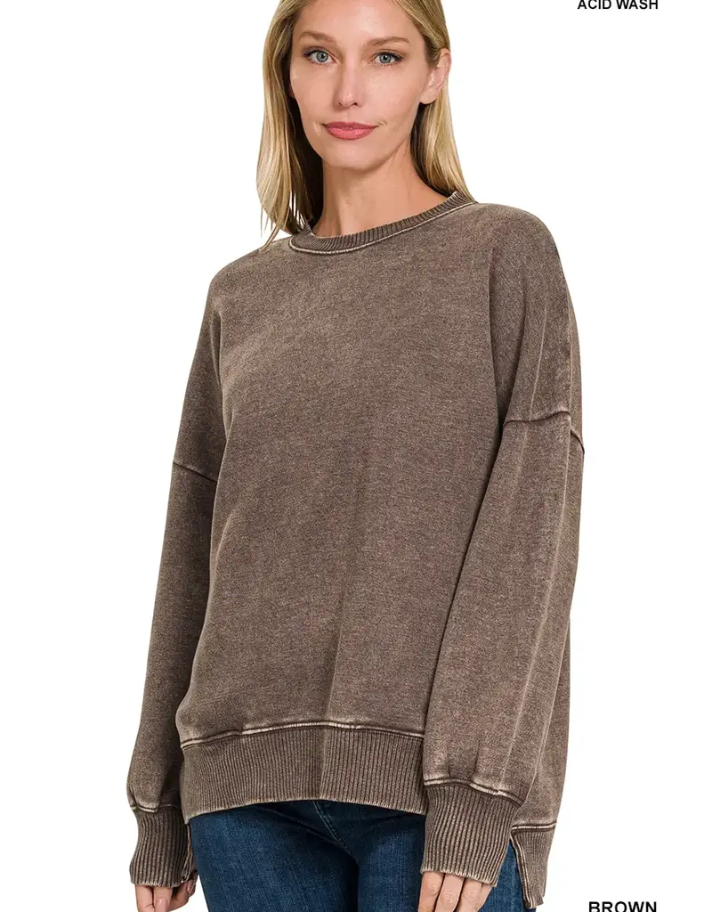 Acid Wash Fleece Hi-Low Hem Pullover