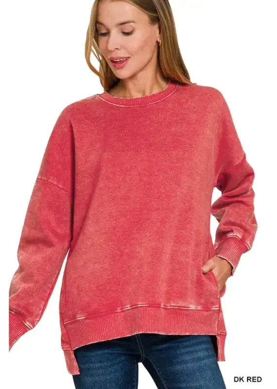 Acid Wash Fleece Hi-Low Hem Pullover