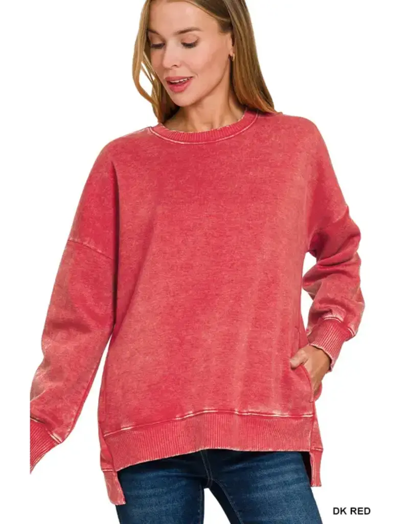 Acid Wash Fleece Hi-Low Hem Pullover
