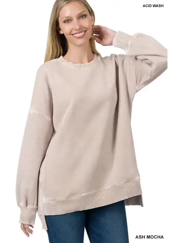 Acid Wash Fleece Hi-Low Hem Pullover