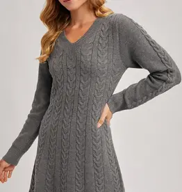 V-Neck Cable Knit Sweater Dress