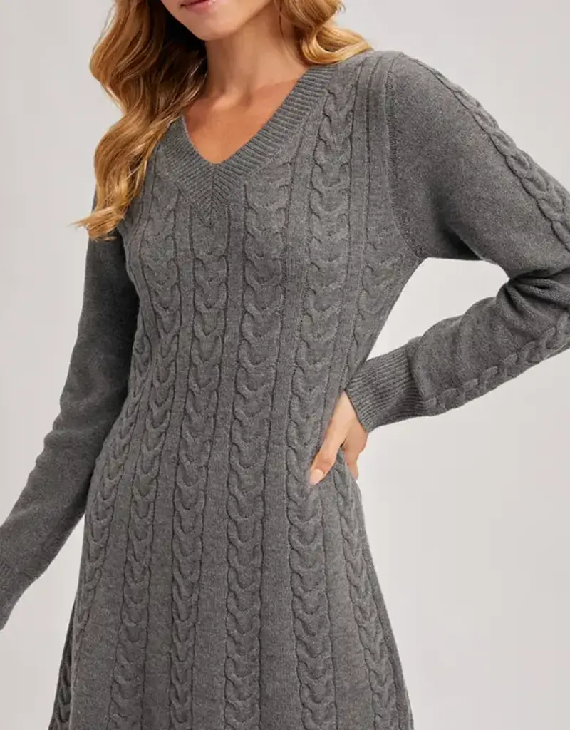 V-Neck Cable Knit Sweater Dress