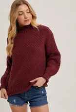 Chunky Mock Neck  Waffle Knit Sweater With Curled Edges
