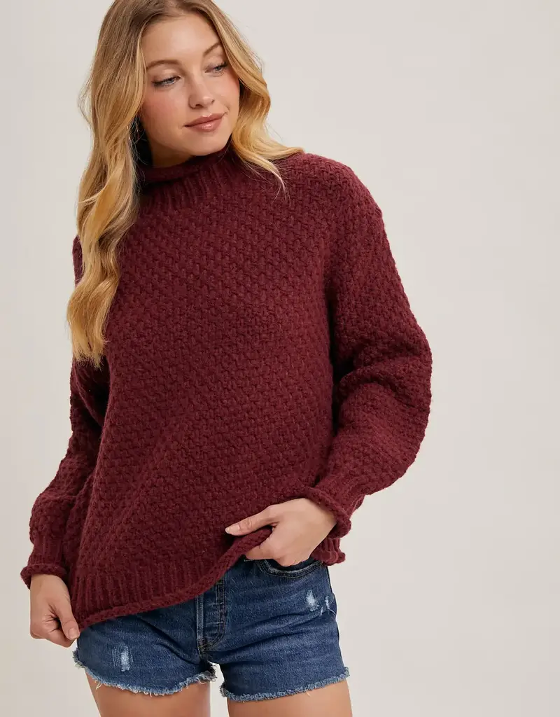 Chunky Mock Neck  Waffle Knit Sweater With Curled Edges