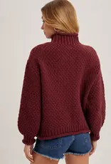 Chunky Mock Neck  Waffle Knit Sweater With Curled Edges