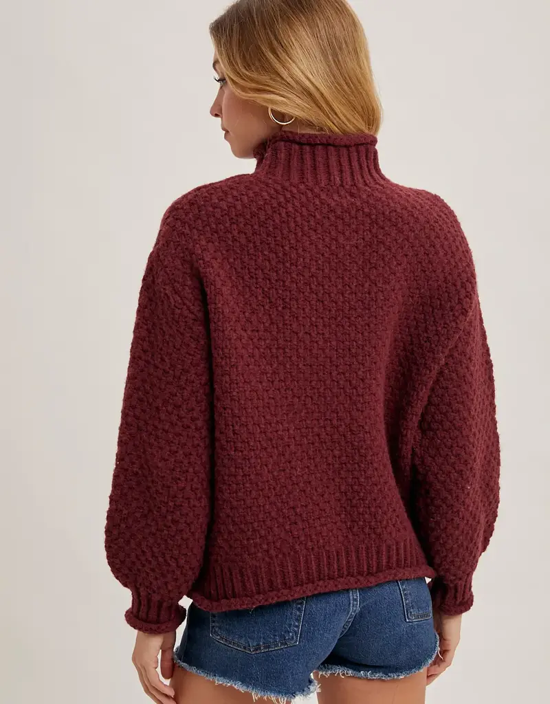 Chunky Mock Neck  Waffle Knit Sweater With Curled Edges