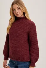 Chunky Mock Neck  Waffle Knit Sweater With Curled Edges