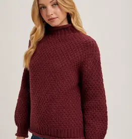 Chunky Mock Neck  Waffle Knit Sweater With Curled Edges