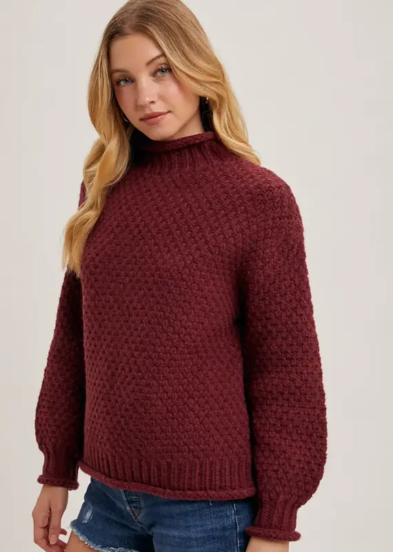 Chunky Mock Neck  Waffle Knit Sweater With Curled Edges