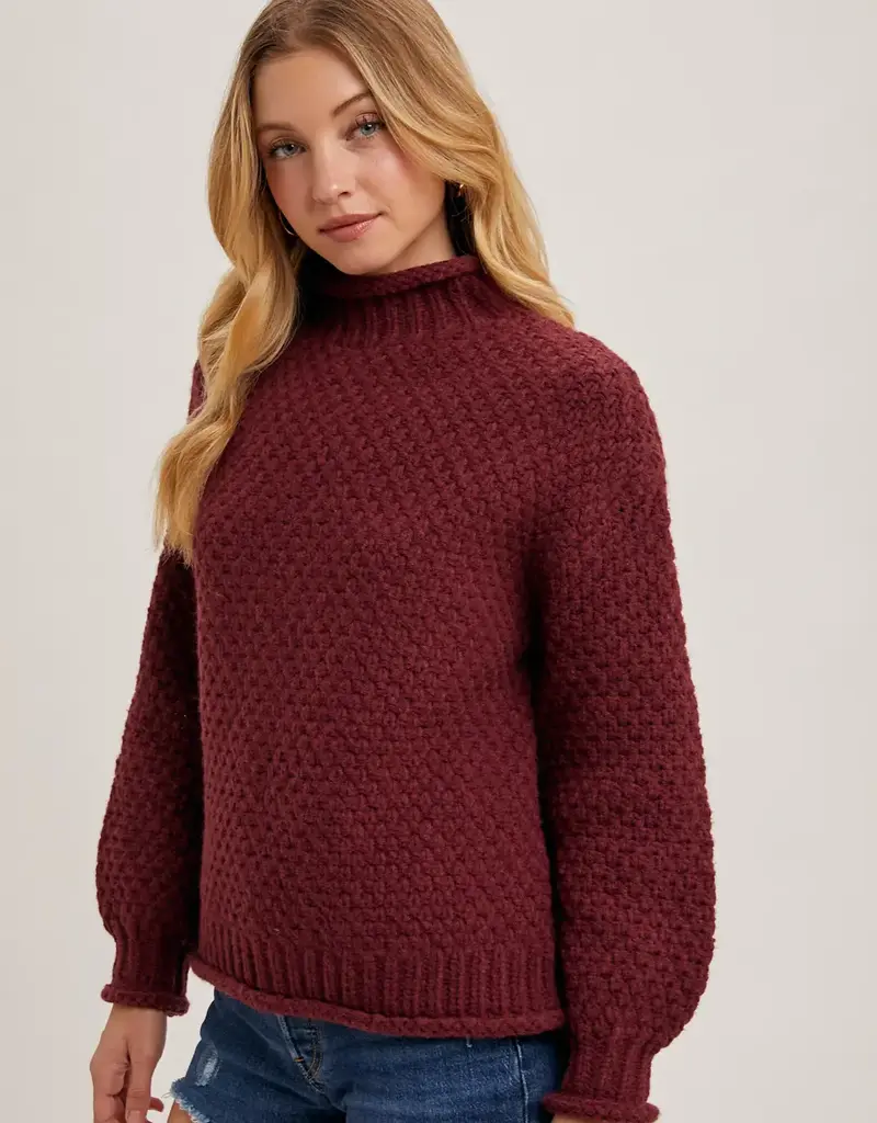 Chunky Mock Neck  Waffle Knit Sweater With Curled Edges