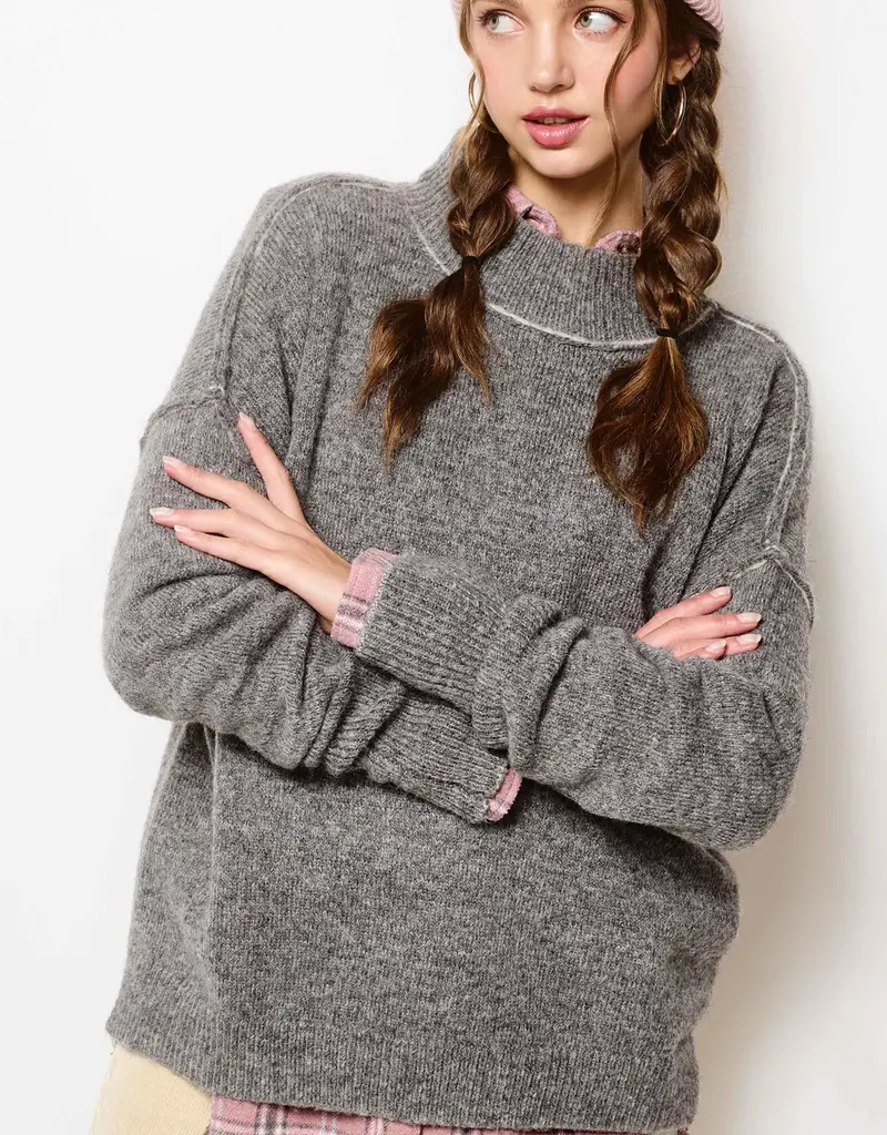 Mock Neck Exposed Seaming Detailed Sweater