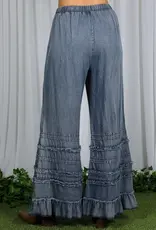 Flared Ruffle Hem Washed Chambray Crop Denim Pant