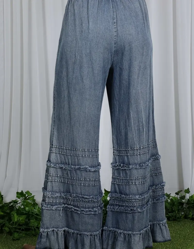 Flared Ruffle Hem Washed Chambray Crop Denim Pant