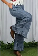 Flared Ruffle Hem Washed Chambray Crop Denim Pant