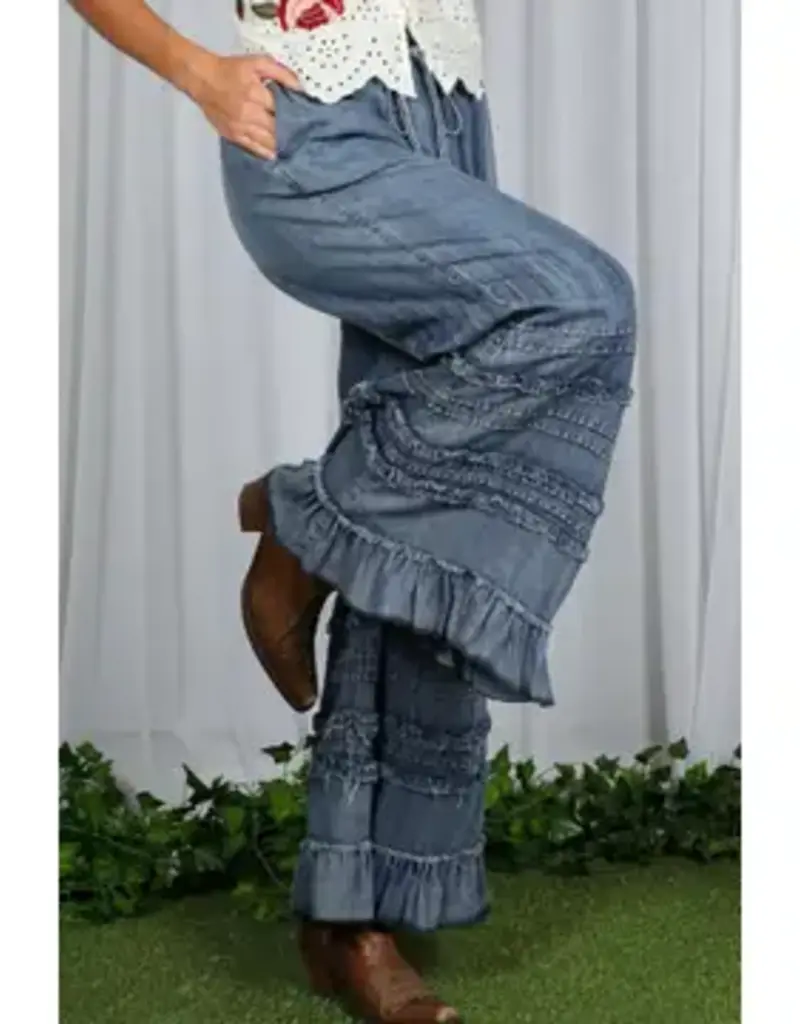 Flared Ruffle Hem Washed Chambray Crop Denim Pant