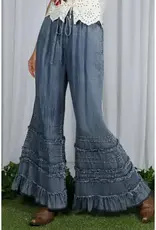 Flared Ruffle Hem Washed Chambray Crop Denim Pant