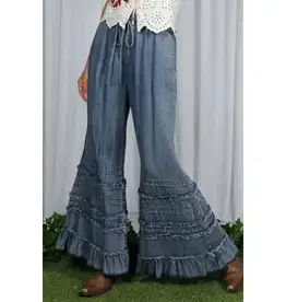 Flared Ruffle Hem Washed Chambray Crop Denim Pant