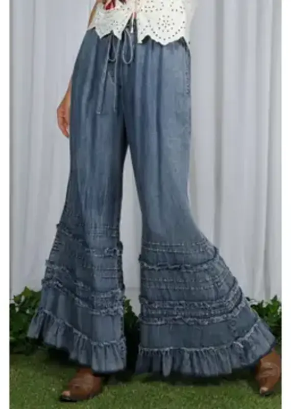 Flared Ruffle Hem Washed Chambray Crop Denim Pant