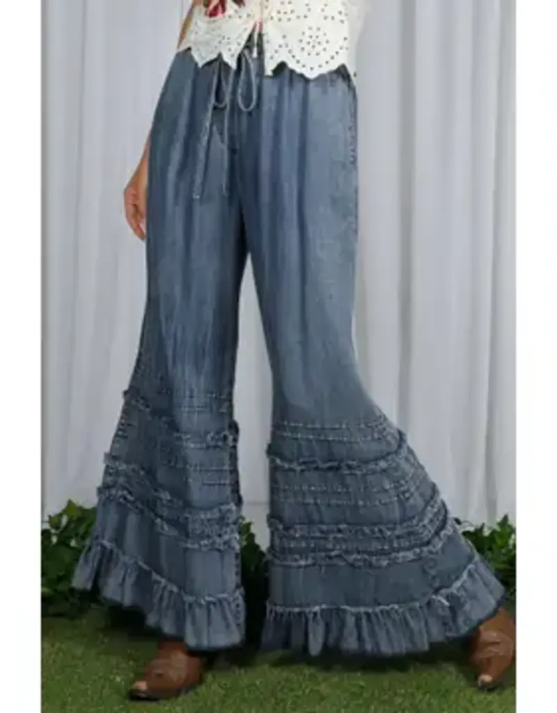 Flared Ruffle Hem Washed Chambray Crop Denim Pant