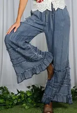 Flared Ruffle Hem Washed Chambray Crop Denim Pant