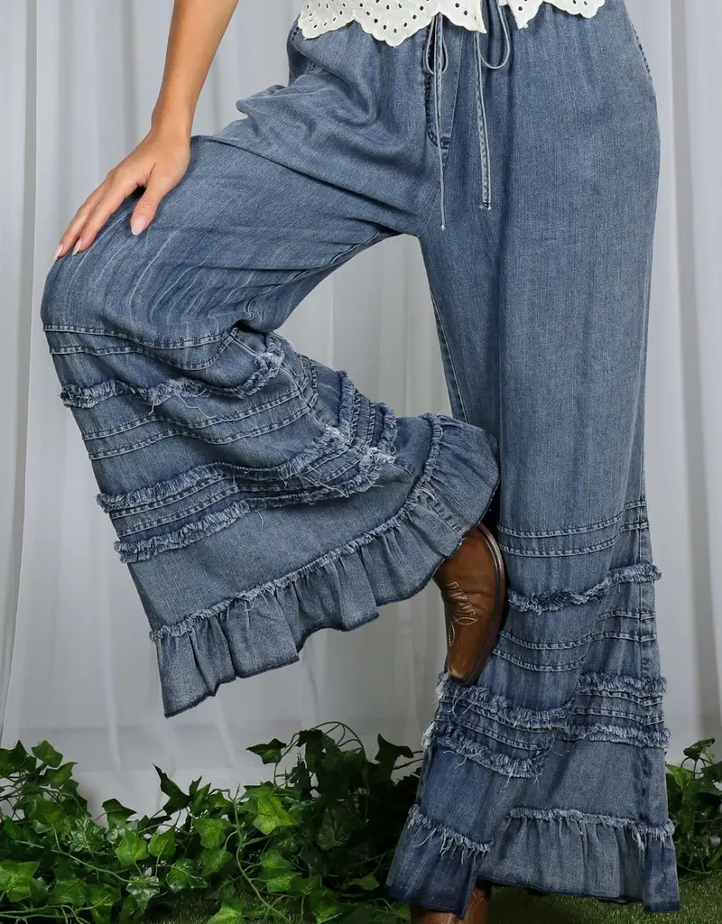 Flared Ruffle Hem Washed Chambray Crop Denim Pant