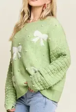 Bow & Pearl Embelished Sweater With Textured Sleeve Detail