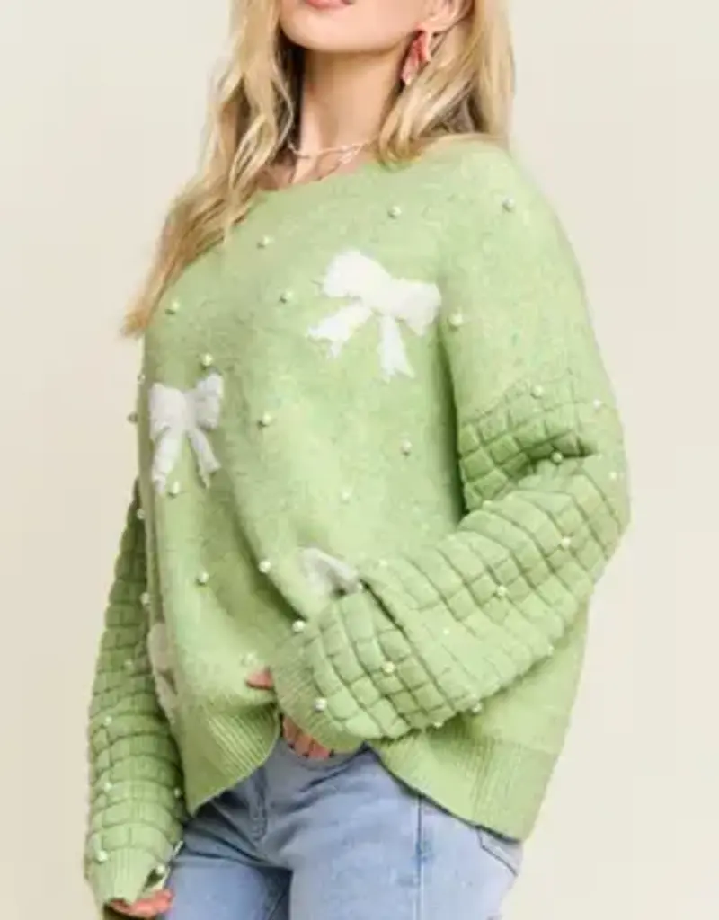 Bow & Pearl Embelished Sweater With Textured Sleeve Detail