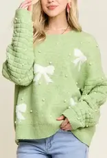 Bow & Pearl Embelished Sweater With Textured Sleeve Detail