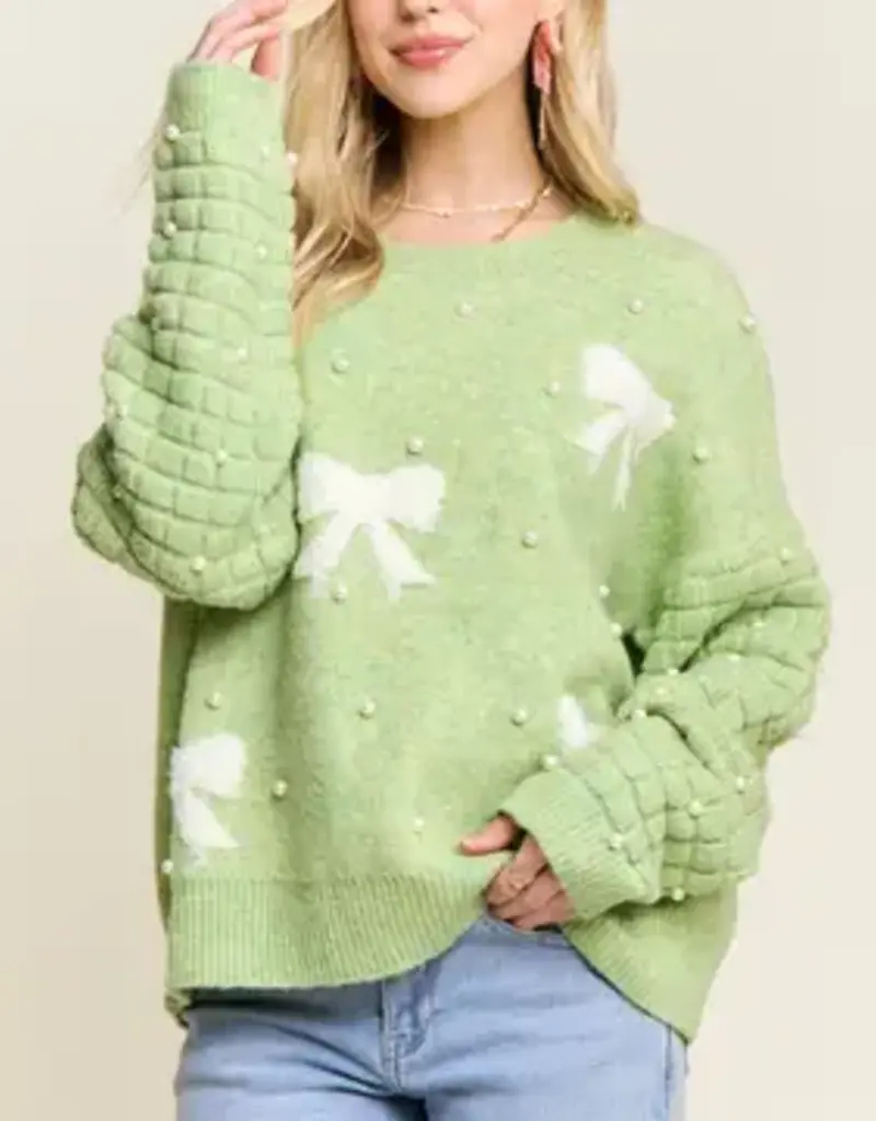 Bow & Pearl Embelished Sweater With Textured Sleeve Detail