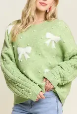 Bow & Pearl Embelished Sweater With Textured Sleeve Detail