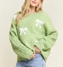 Bow & Pearl Embelished Sweater With Textured Sleeve Detail
