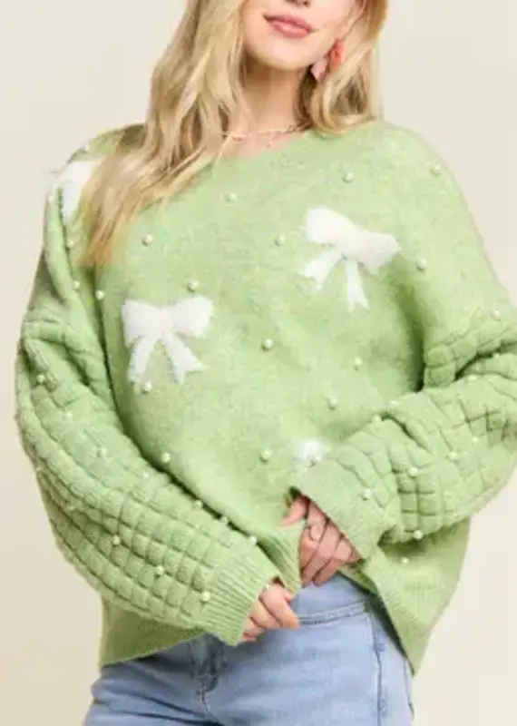 Bow & Pearl Embelished Sweater With Textured Sleeve Detail