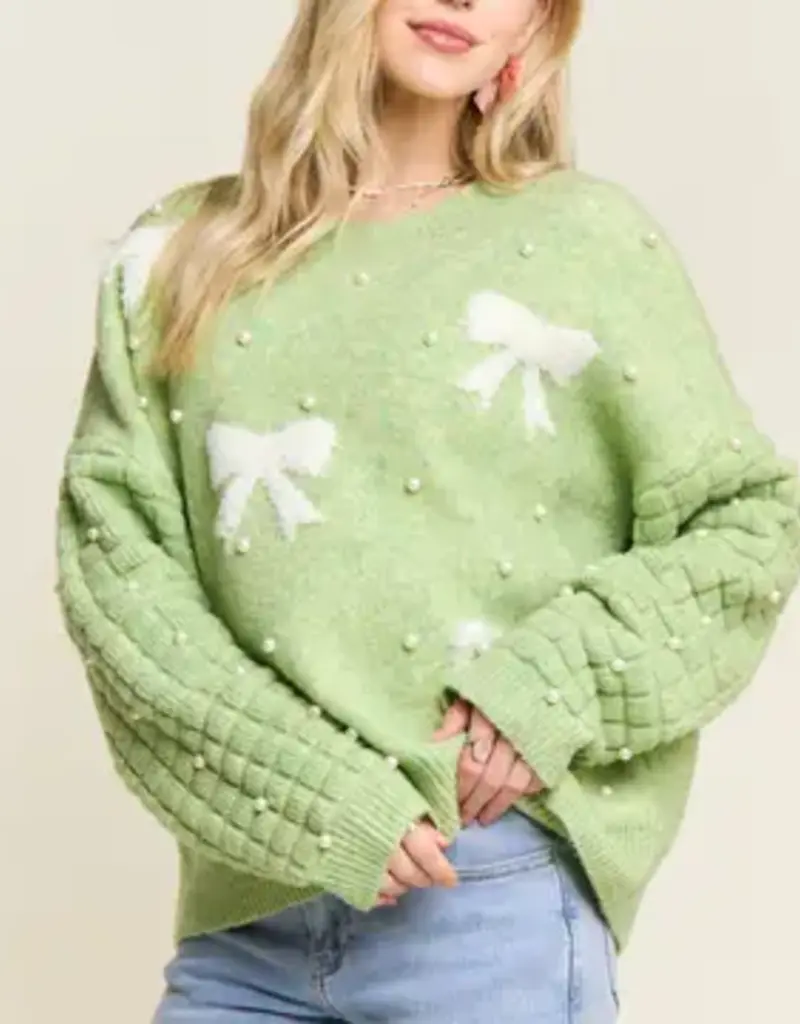 Bow & Pearl Embelished Sweater With Textured Sleeve Detail
