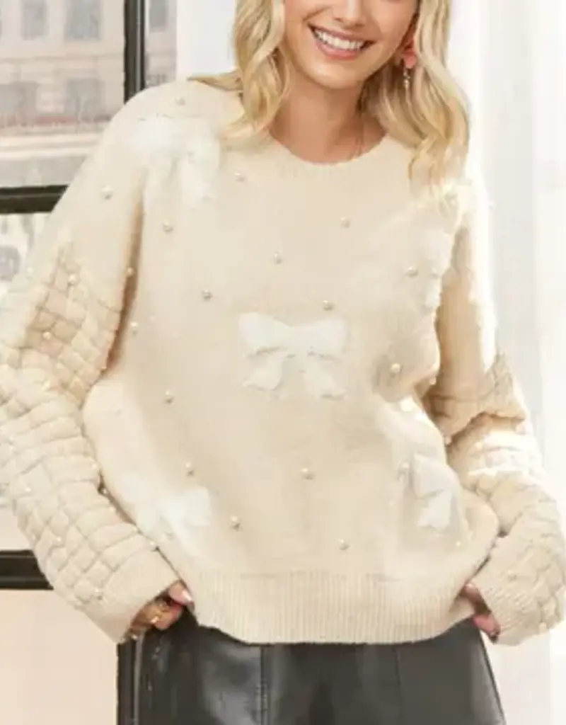Bow & Pearl Embelished Sweater With Textured Sleeve Detail