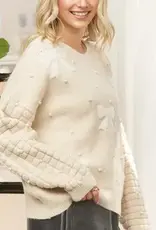 Bow & Pearl Embelished Sweater With Textured Sleeve Detail