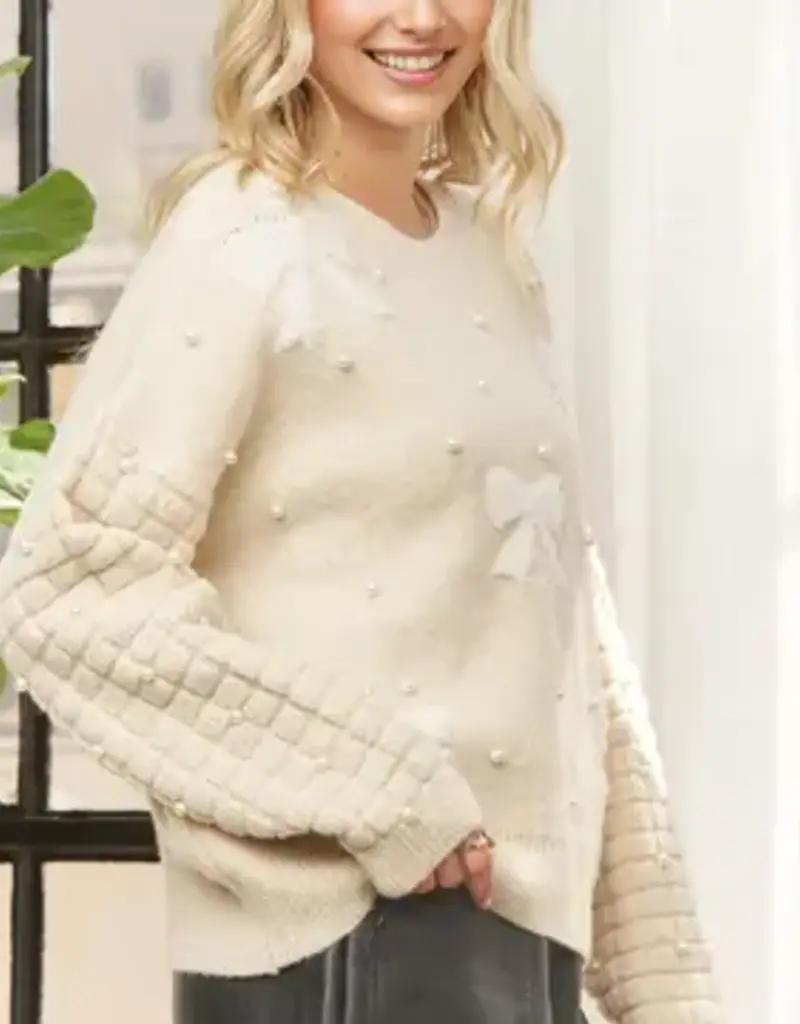 Bow & Pearl Embelished Sweater With Textured Sleeve Detail
