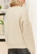 Bow & Pearl Embelished Sweater With Textured Sleeve Detail