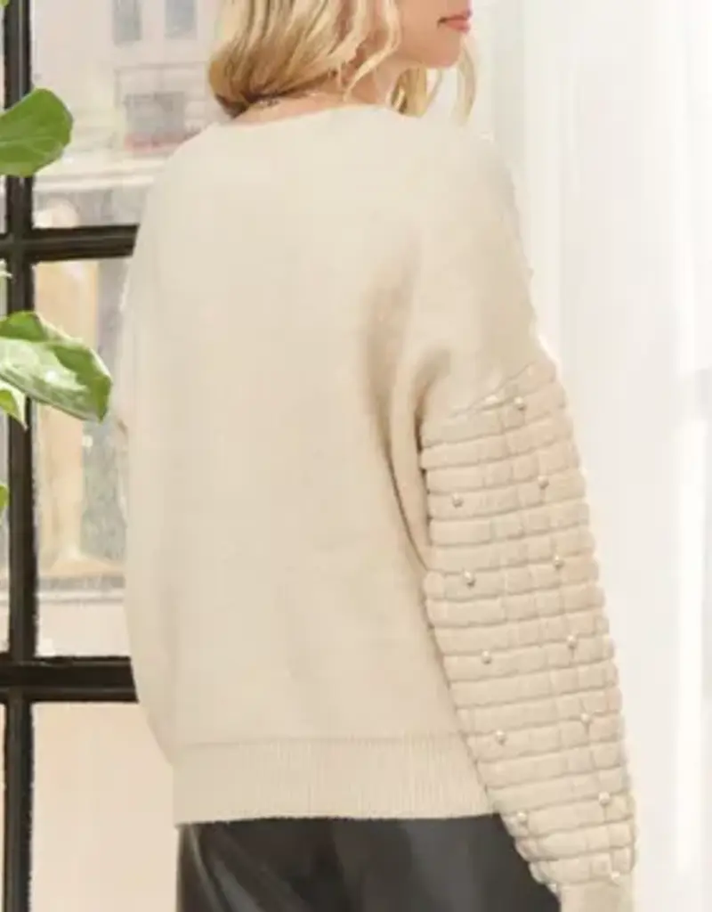 Bow & Pearl Embelished Sweater With Textured Sleeve Detail